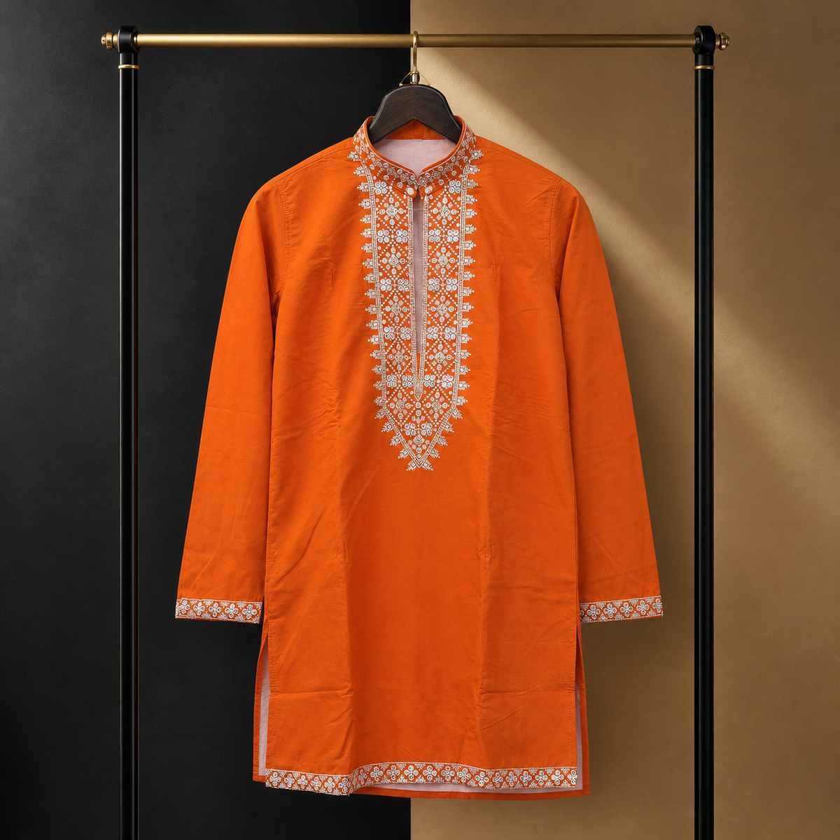 Men's Short Kurta – V-Neck Embroidered Design