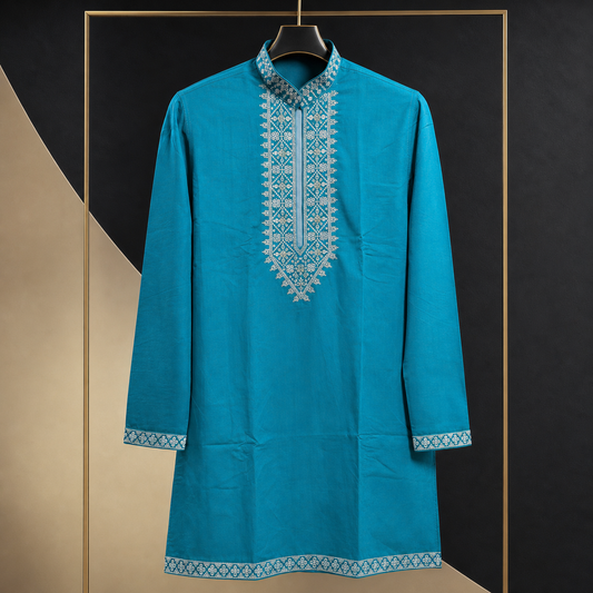 Men's Short Kurta – V-Neck Embroidered Design