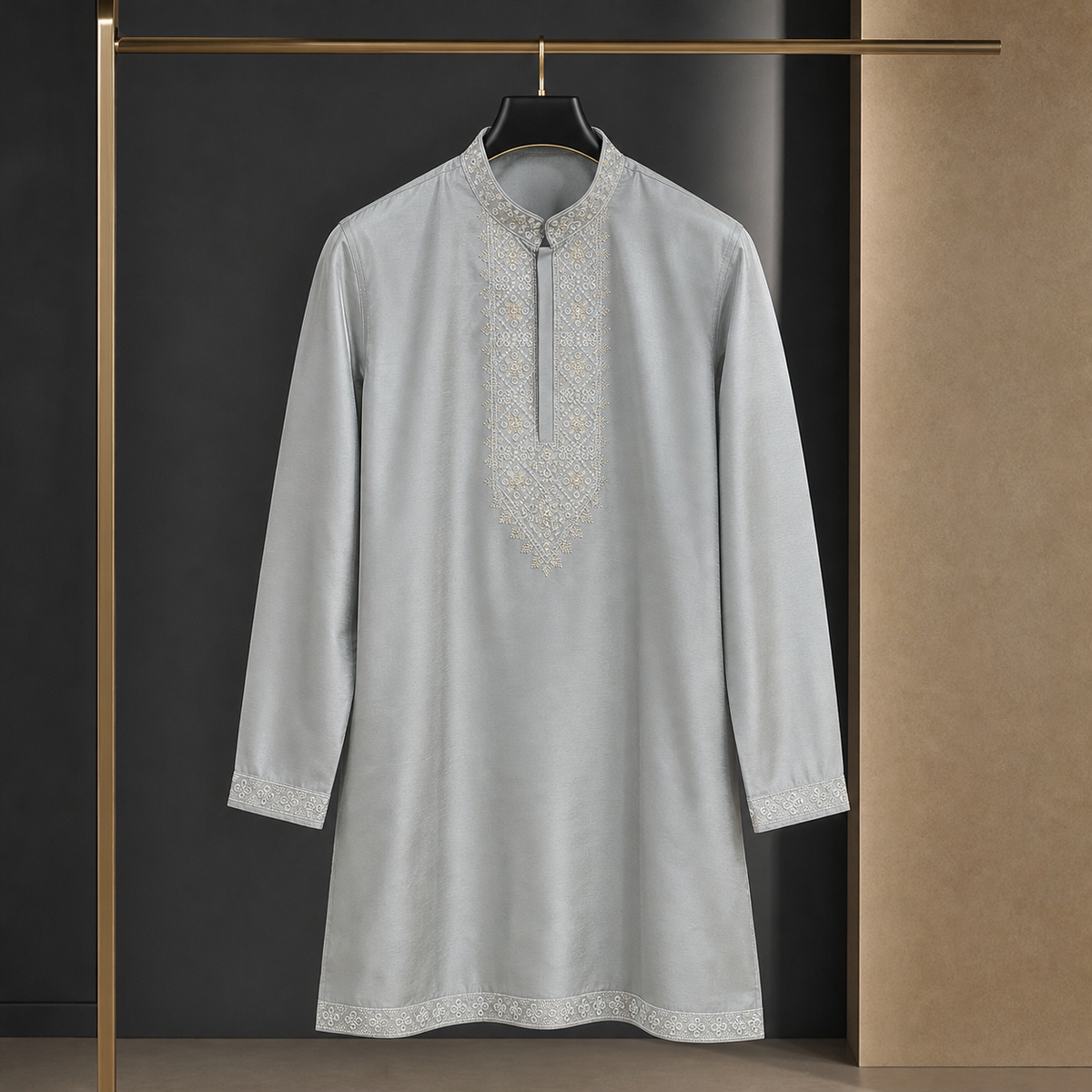 Men's Short Kurta – V-Neck Embroidered Design