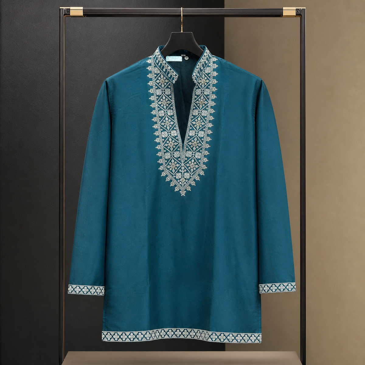 Men's Short Kurta – V-Neck Embroidered Design