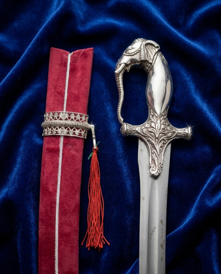 Royal Silver Polished Elephant Head Wedding Sword with Maroon Velvet Scabbard – 40 Inch