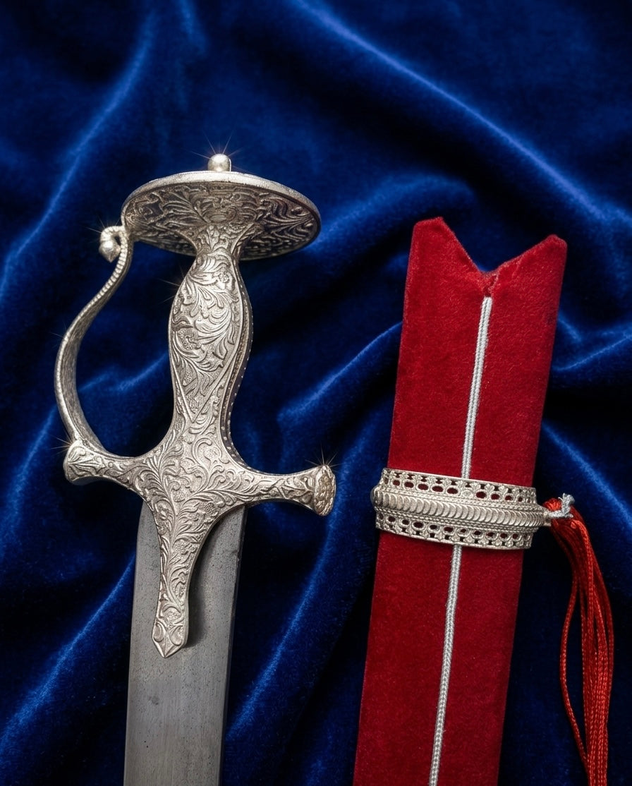 Royal Silver Polished Bowl Hilt Wedding Sword with Maroon Engraved Scabbard – 40 Inch