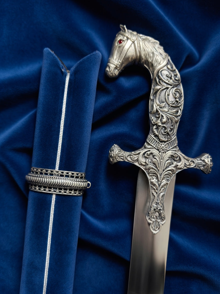 Royal Silver Polished Horse Head Wedding Sword with Maroon & Blue Engraved Scabbard – 40 Inch