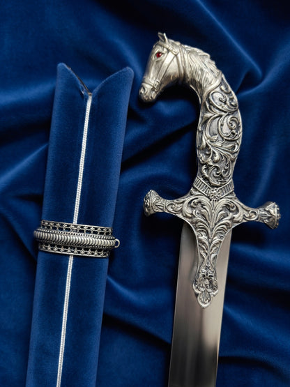 Royal Silver Polished Horse Head Wedding Sword with Maroon & Blue Engraved Scabbard – 40 Inch