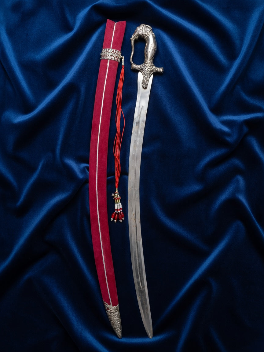 Royal Silver Polished Elephant Head Wedding Sword with Maroon Velvet Scabbard – 40 Inch