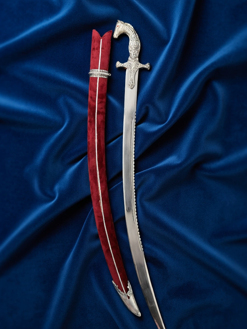 Royal Silver Polished Horse Head Wedding Sword with Maroon & Blue Engraved Scabbard – 40 Inch