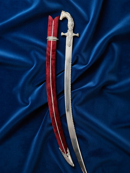 Royal Silver Polished Horse Head Wedding Sword with Maroon & Blue Engraved Scabbard – 40 Inch