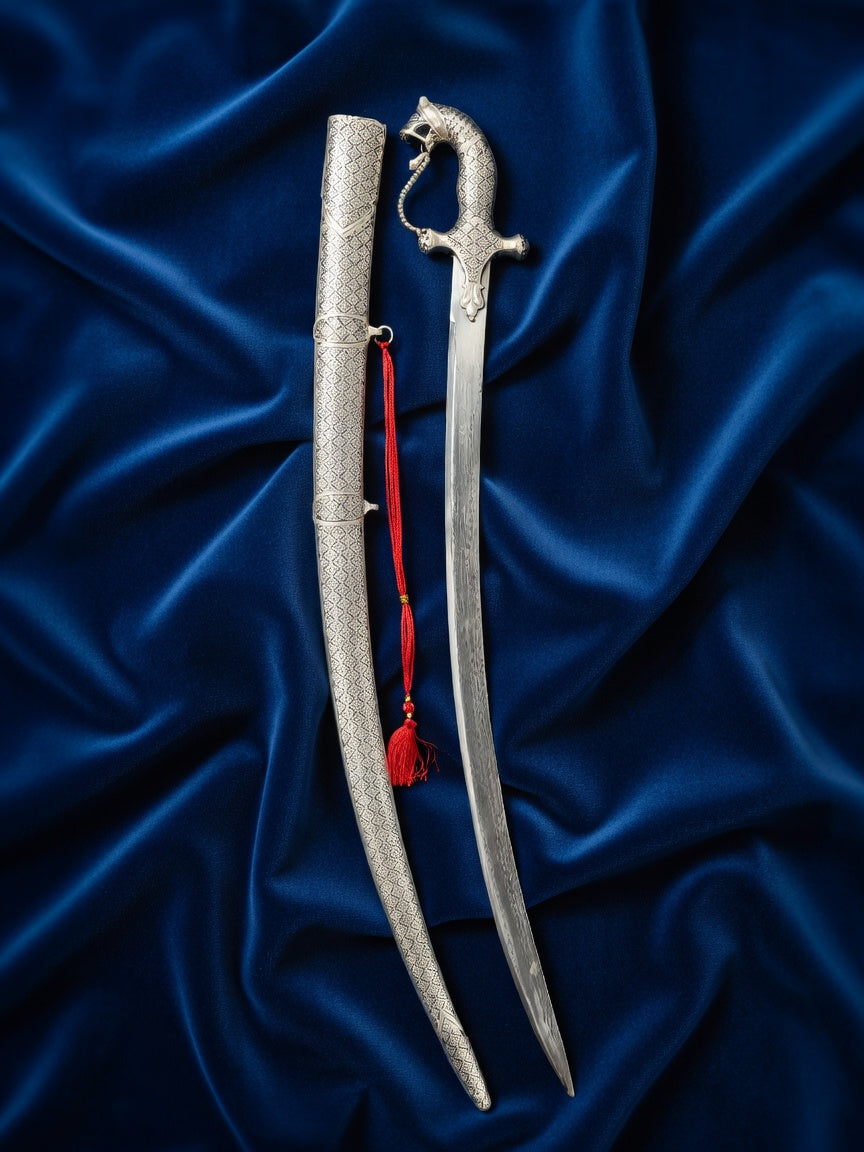 Royal Silver Lion Head Wedding Sword with Damascus Blade – 40 Inch