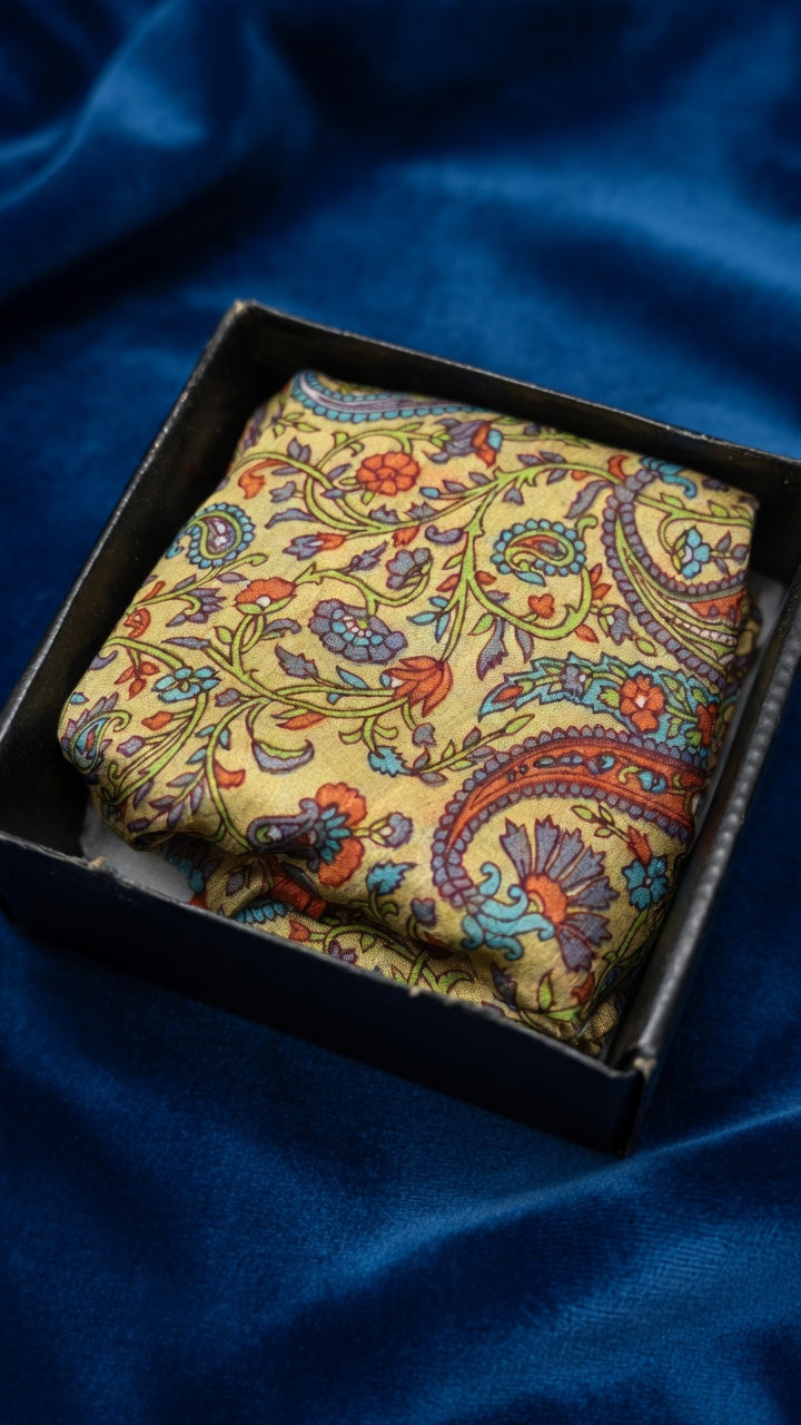 Yellow Multicolor Floral Paisley Print Pure Silk Neck Scarf – 1 Meter