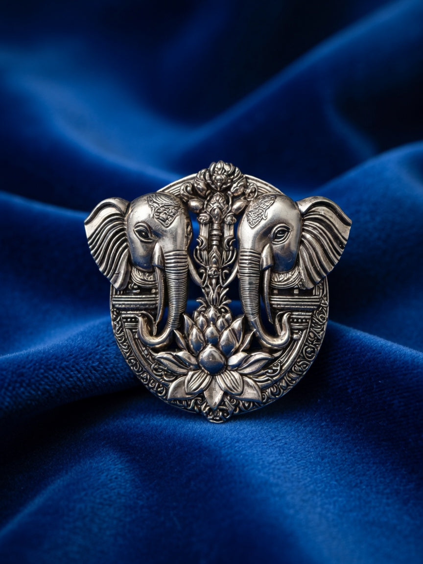 Double Elephant Lotus Design Jodhpuri Brooch