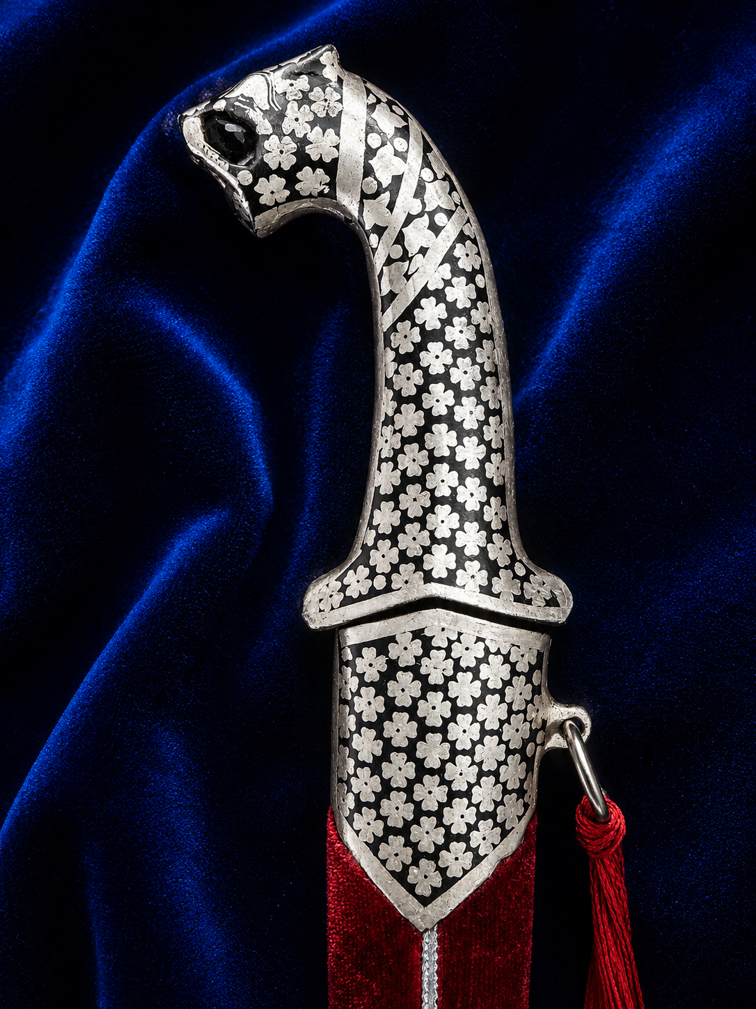 Lion Head Katar with Silver Work & Red Velvet Scabbard – 12 Inch