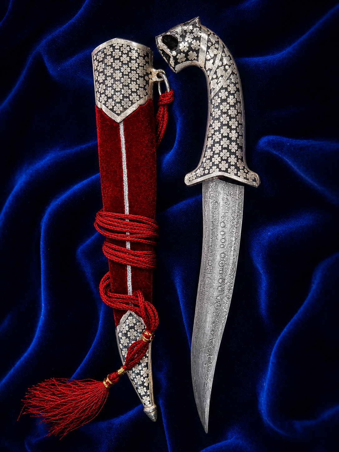 Lion Head Katar with Silver Work & Red Velvet Scabbard – 12 Inch