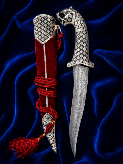 Lion Head Katar with Silver Work & Red Velvet Scabbard – 12 Inch