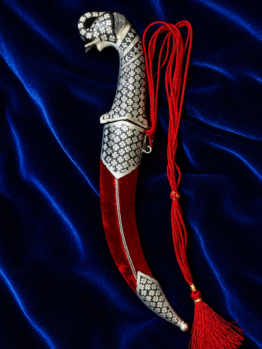 Elephant Head Katar with Silver Work & Red Velvet Scabbard – 12 Inch