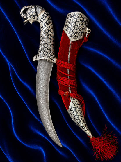 Elephant Head Katar with Silver Work & Red Velvet Scabbard – 12 Inch