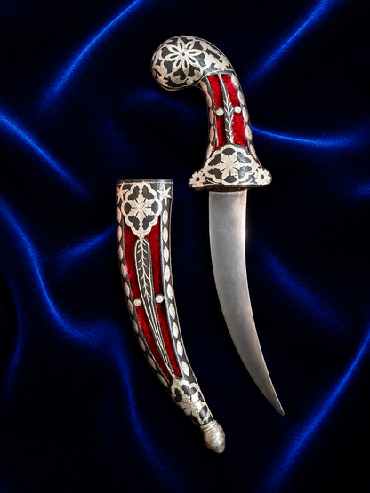 Floral Design Katar with Silver Work & Red Velvet Scabbard – 7 Inch