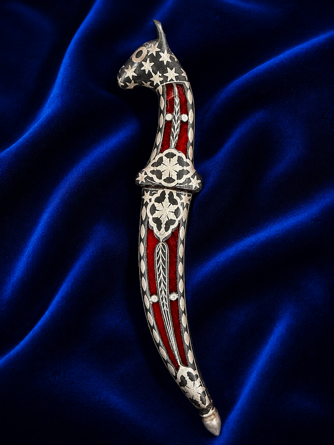 Horse Head Katar with Silver Work & Red Velvet Scabbard – 7 Inch