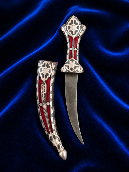 Diamond Design Katar with Silver Work & Red Velvet Scabbard – 7 Inch