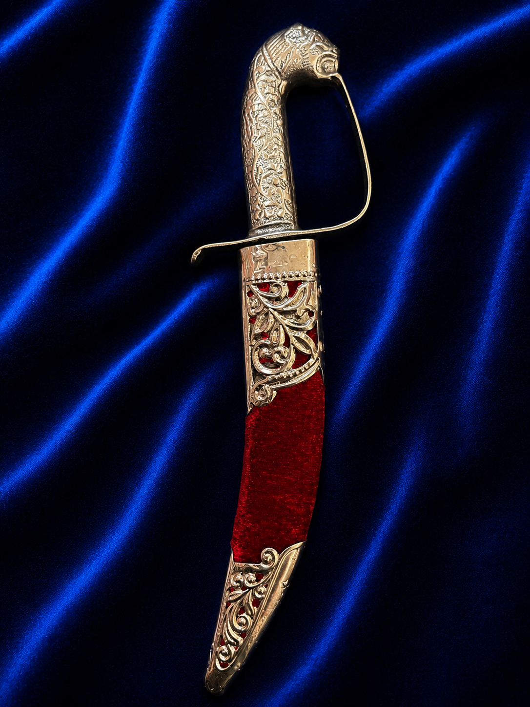 Brass Lion Face Katar with Red Velvet Scabbard – 11 Inch