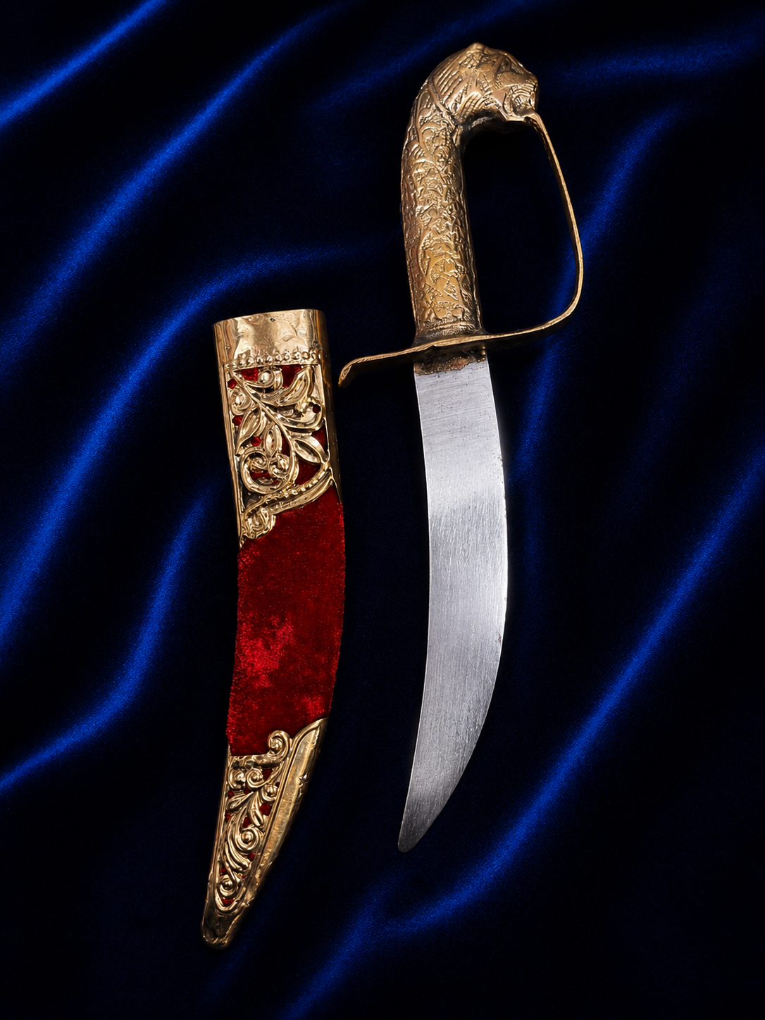 Brass Lion Face Katar with Red Velvet Scabbard – 11 Inch