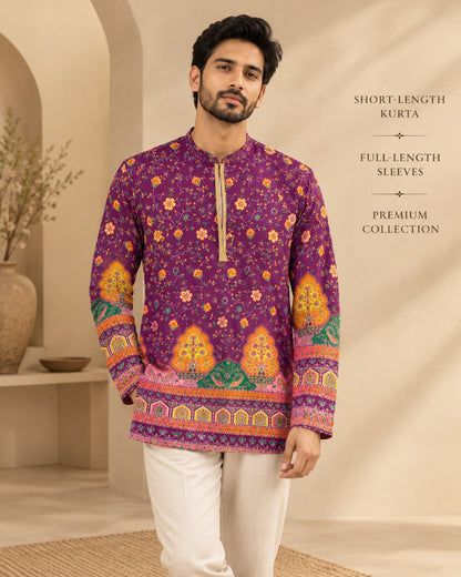 Men's Purple Floral Handblock Short Kurta