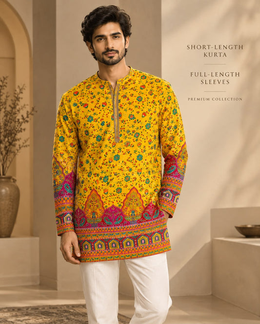 Men's Yellow Handblock Short Kurta