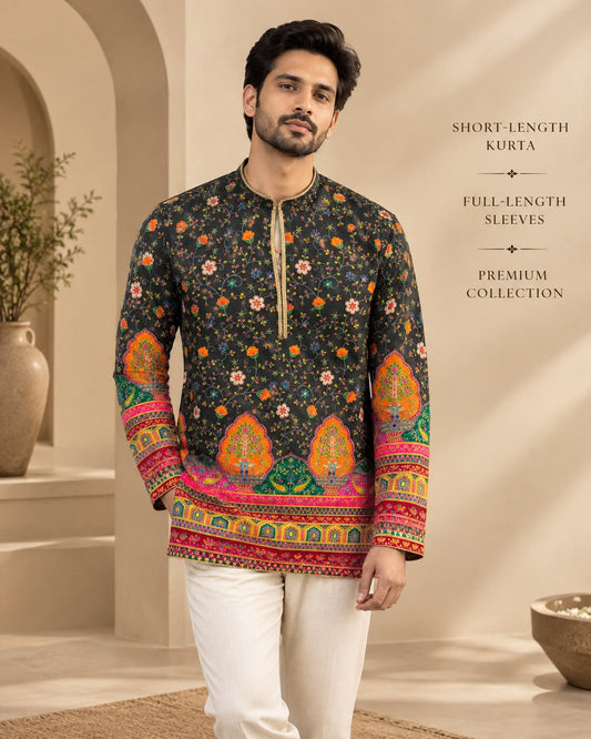 Men's Black Handblock Short Kurta
