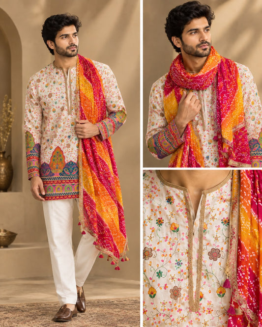 Men's Handblock Short Kurta – Floral Print Full Sleeve