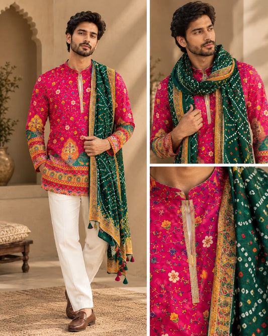 Men's Pink Handblock Short Kurta