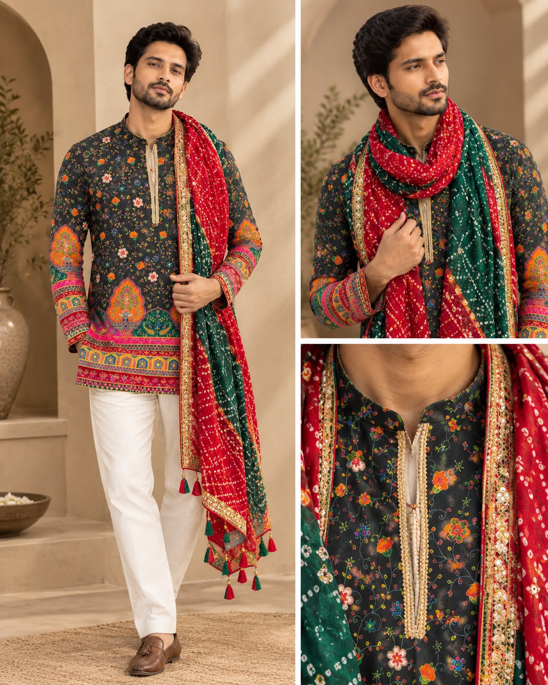 Men's Black Handblock Short Kurta