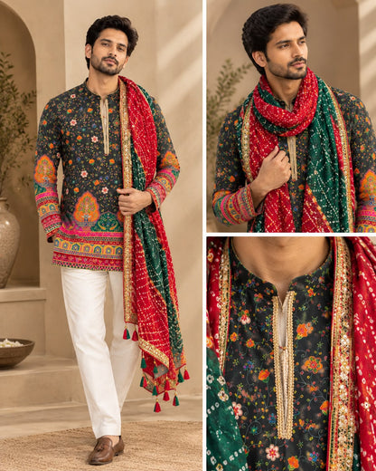 Men's Black Handblock Short Kurta