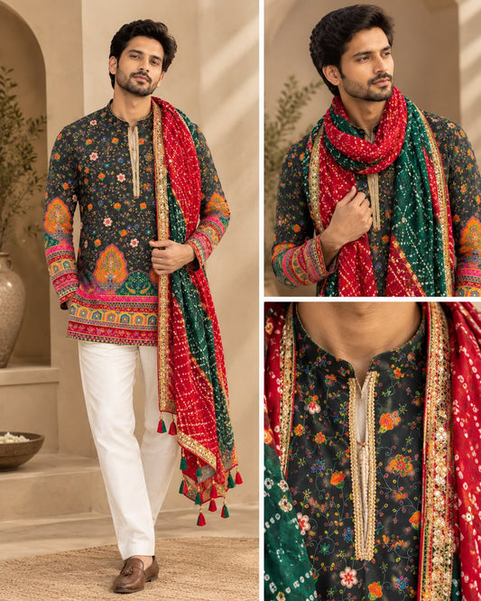 Men's Black Handblock Short Kurta