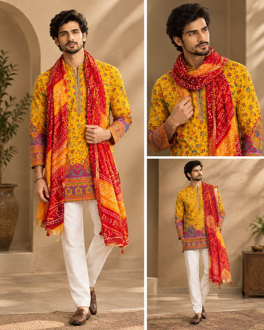 Men's Yellow Handblock Short Kurta