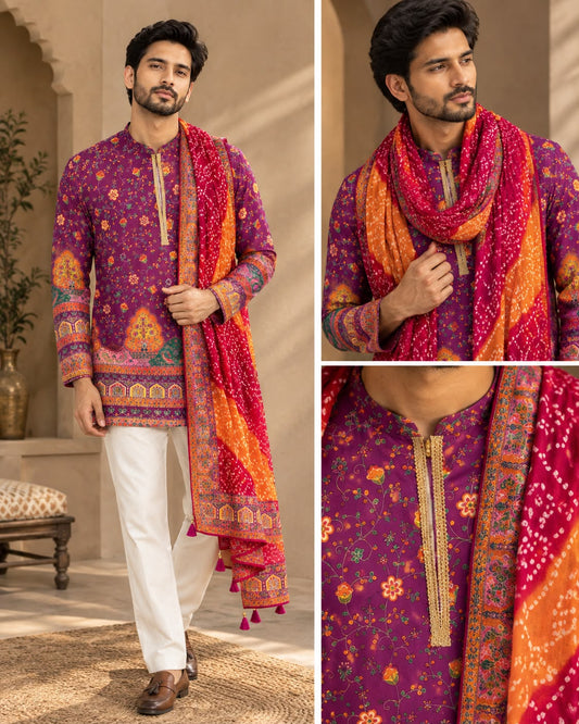 Men's Purple Floral Handblock Short Kurta