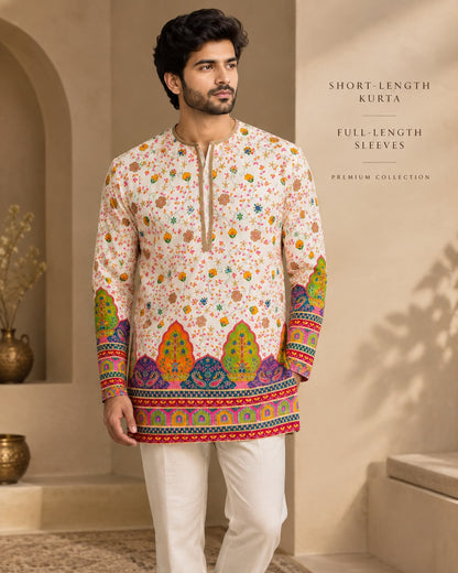 Men's Handblock Short Kurta – Floral Print Full Sleeve