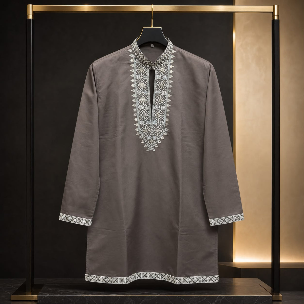 Men's Short Kurta – V-Neck Embroidered Design